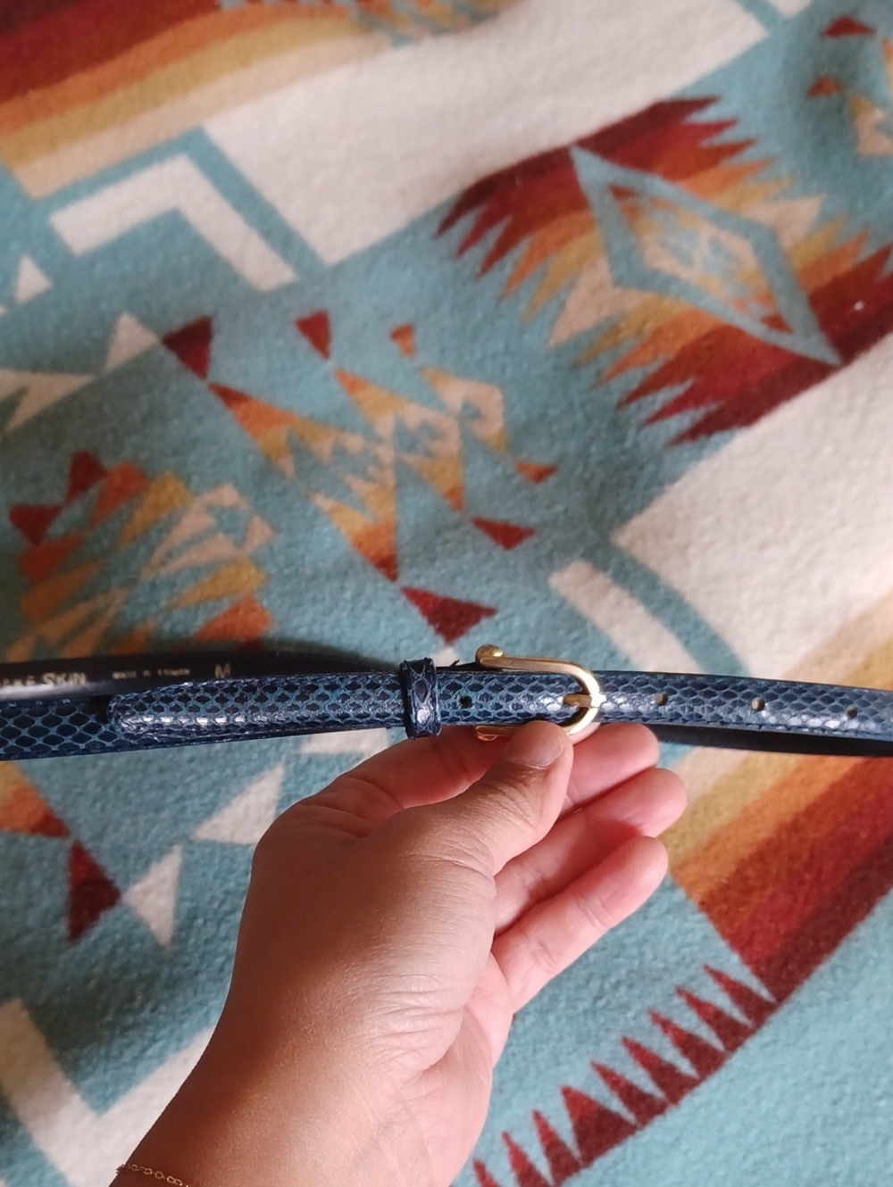 Harvé Benard Dark Teal Genuine Snakeskin 1/2" Belt with Shiny Brass Buckle